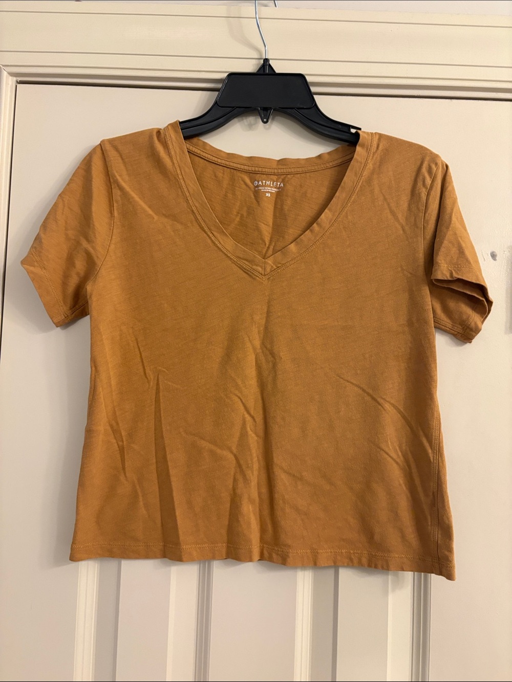 Athleta Short Sleeve V-Neck Tee in Warm Mustard Brown